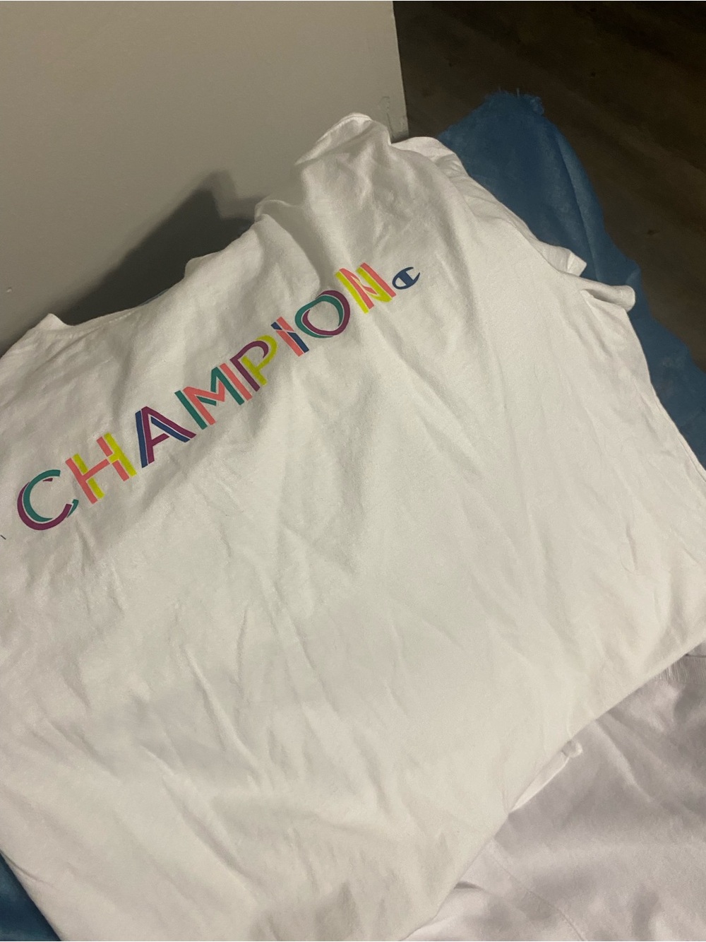 Champion White Tee with Multicolor Logo